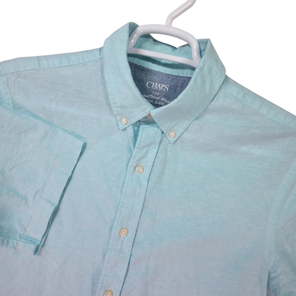 Chaps Button Down Shirt Mens L Light Blue Excellent Linen‎ Blend Short Sleeve